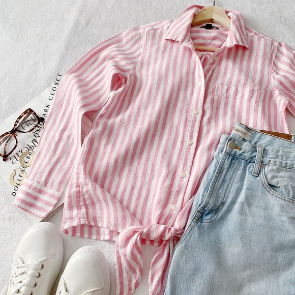 J.Crew Pink & White Stripe Toed Waist Linen Top - Picture 3 of 11